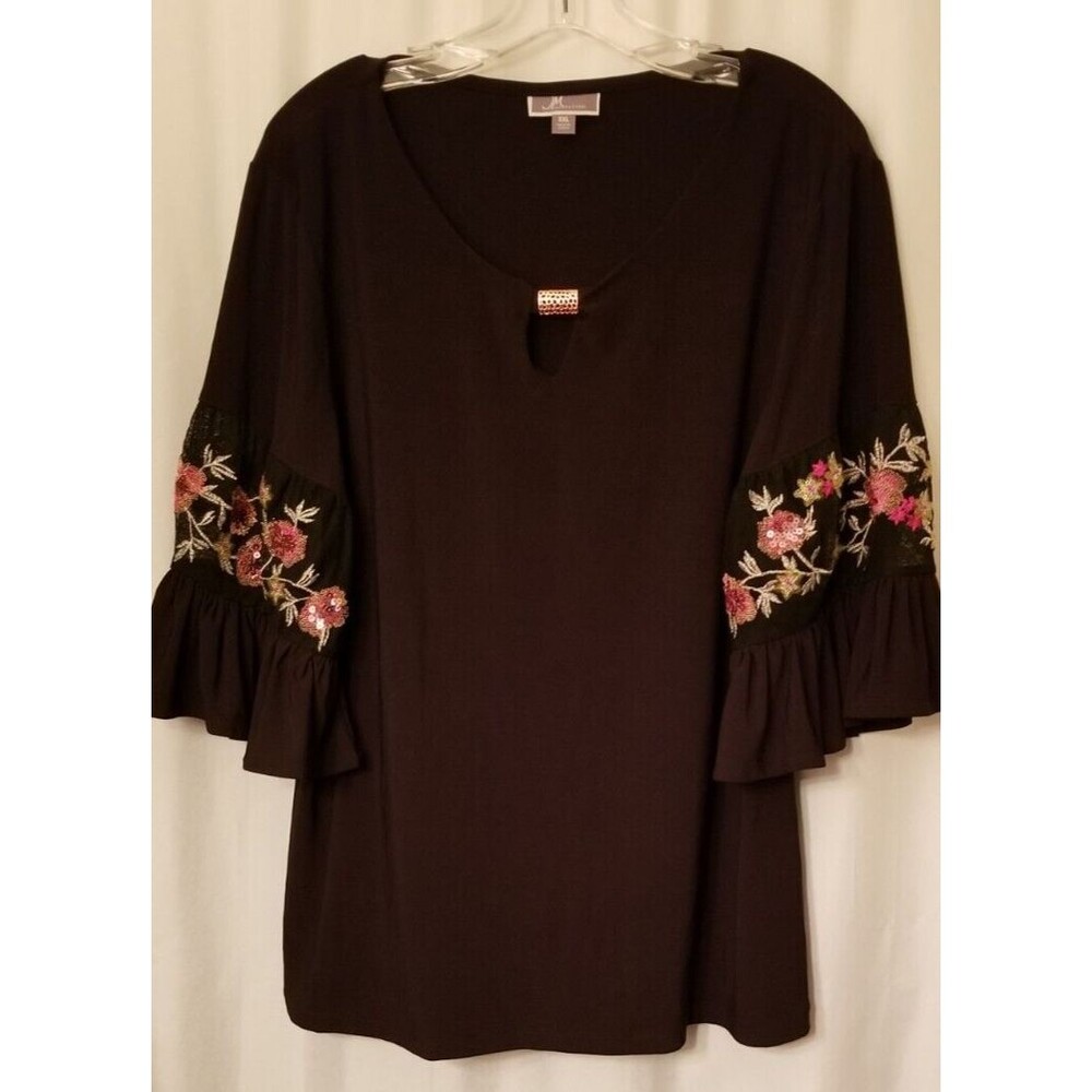 Women's Top Blouse Floral Sequin Embroidered Design Sleeves Boutique Size XXL